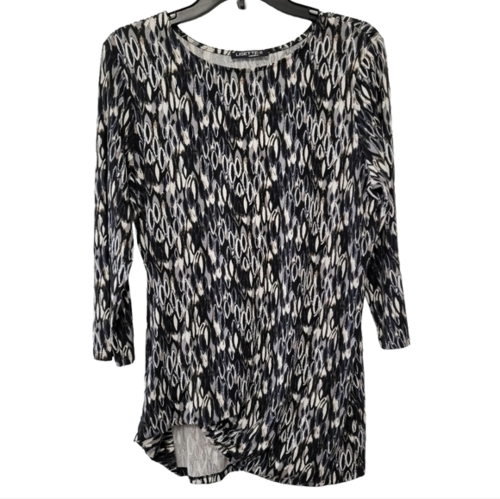 Lisette Women's 3/4 Sleeve Shirt Top Sz‎ L Abstract Geometric Black White Office